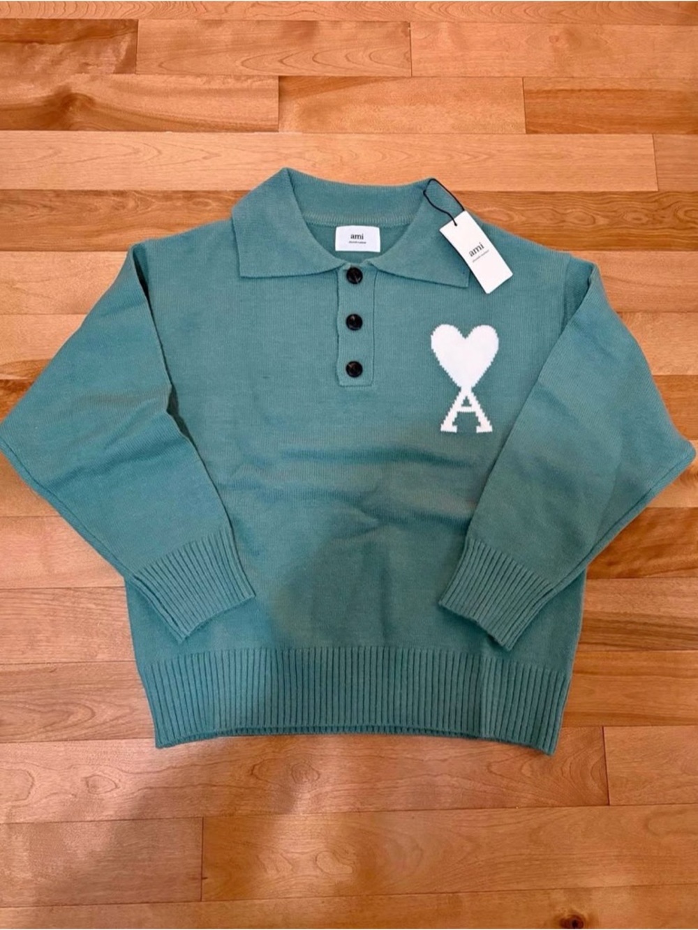Ami Teal Green Polo Knit Sweater with White Heart 'A' Logo